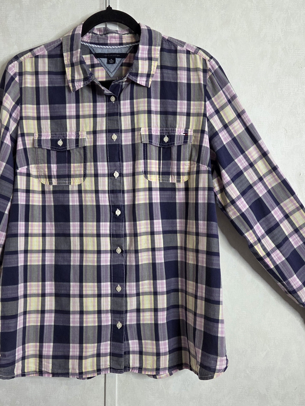 Tommy Hilfiger Women's XL Plaid Button-Down L/S Shirt Purple Yellow Blue